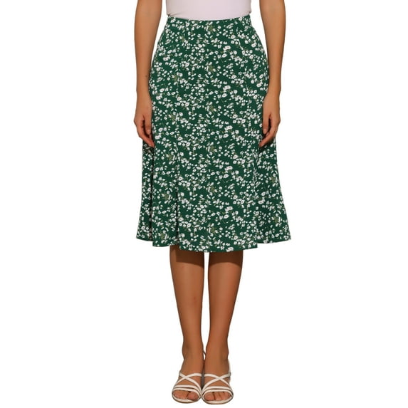 INSPIRE CHIC Women's Midi Skirts Peasant Elastic Waist A-Line Ditsy Floral Skirts S Palm Green