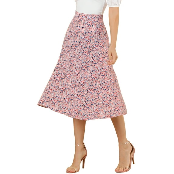 INSPIRE CHIC Women's Midi Skirts Peasant Elastic Waist A-Line Ditsy Floral Skirts S Pink
