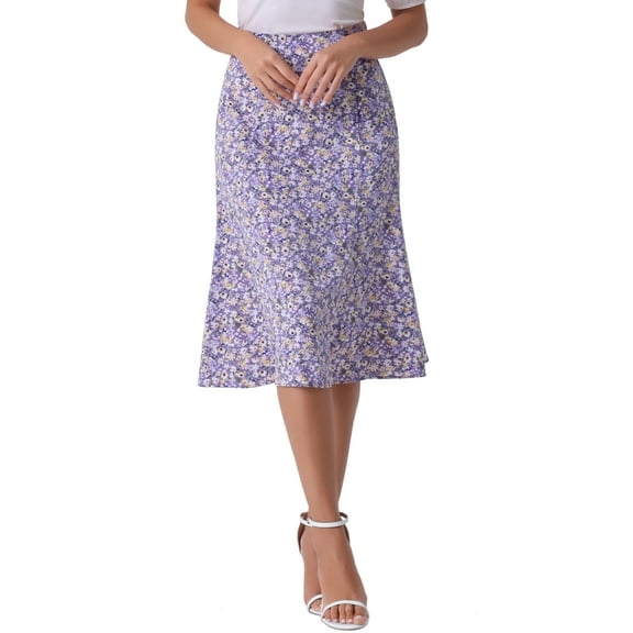INSPIRE CHIC Women's Midi Skirts Peasant Elastic Waist A-Line Ditsy Floral Skirts S Purple