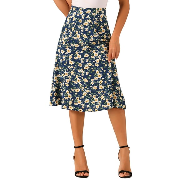 INSPIRE CHIC Women's Midi Skirts Peasant Elastic Waist A-Line Ditsy Floral Skirts XS Dark Blue