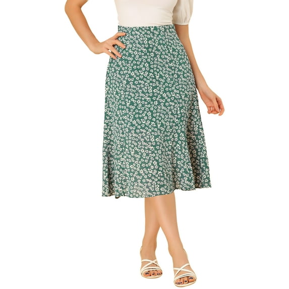 INSPIRE CHIC Women's Midi Skirts Peasant Elastic Waist A-Line Ditsy Floral Skirts XS Green White
