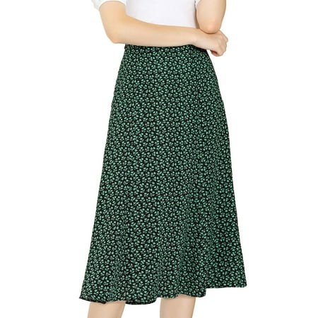 INSPIRE CHIC Women's Midi Skirts Peasant Elastic Waist A-Line Ditsy Floral Skirts Green XS
