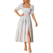 INSPIRE CHIC Women's Peasant Floral Square Neck Short Puff Sleeve Smocked Dresses