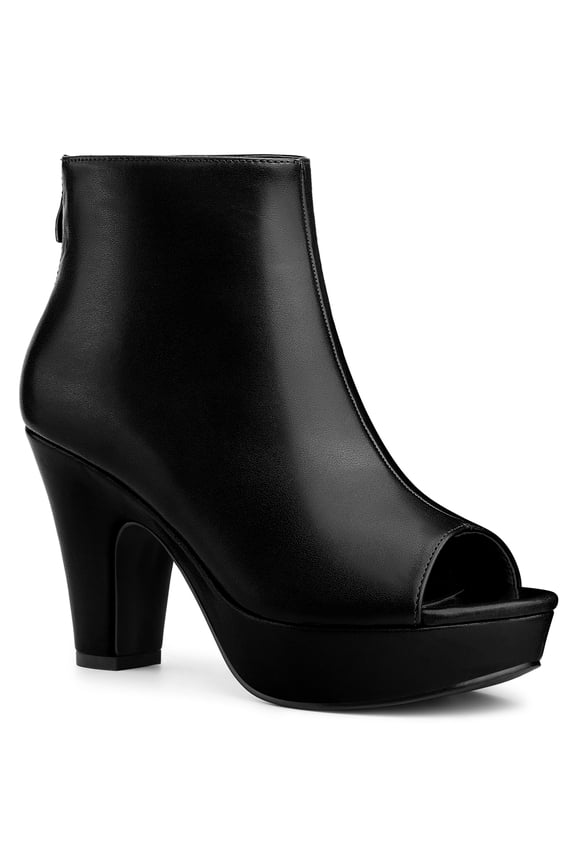 Women's Ankle Boots Faux Leather Peep Toe Platform Chunky Heel Back Zip Boots Black 7