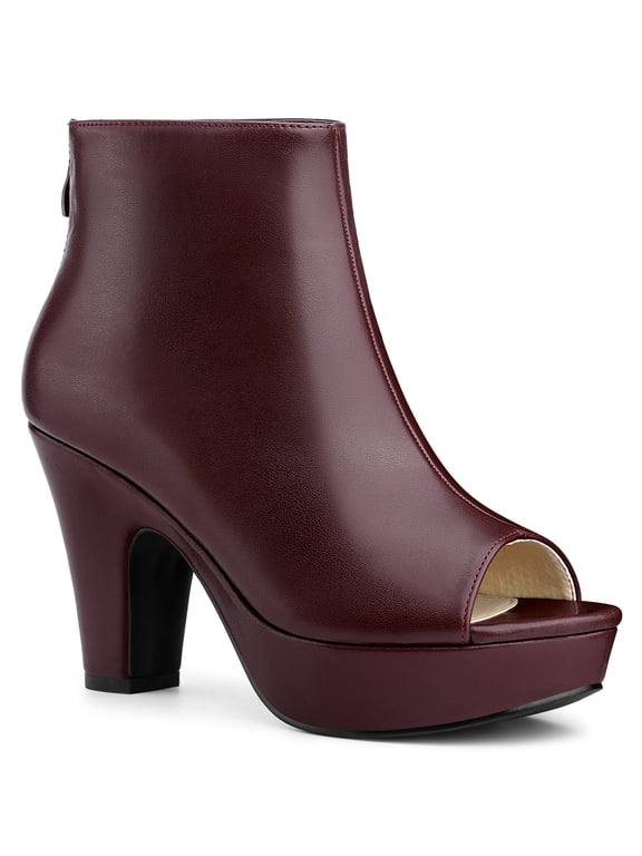 Halloween Women's Ankle Boots Faux Leather Peep Toe Platform Chunky Heel Back Zip Boots Burgundy 10