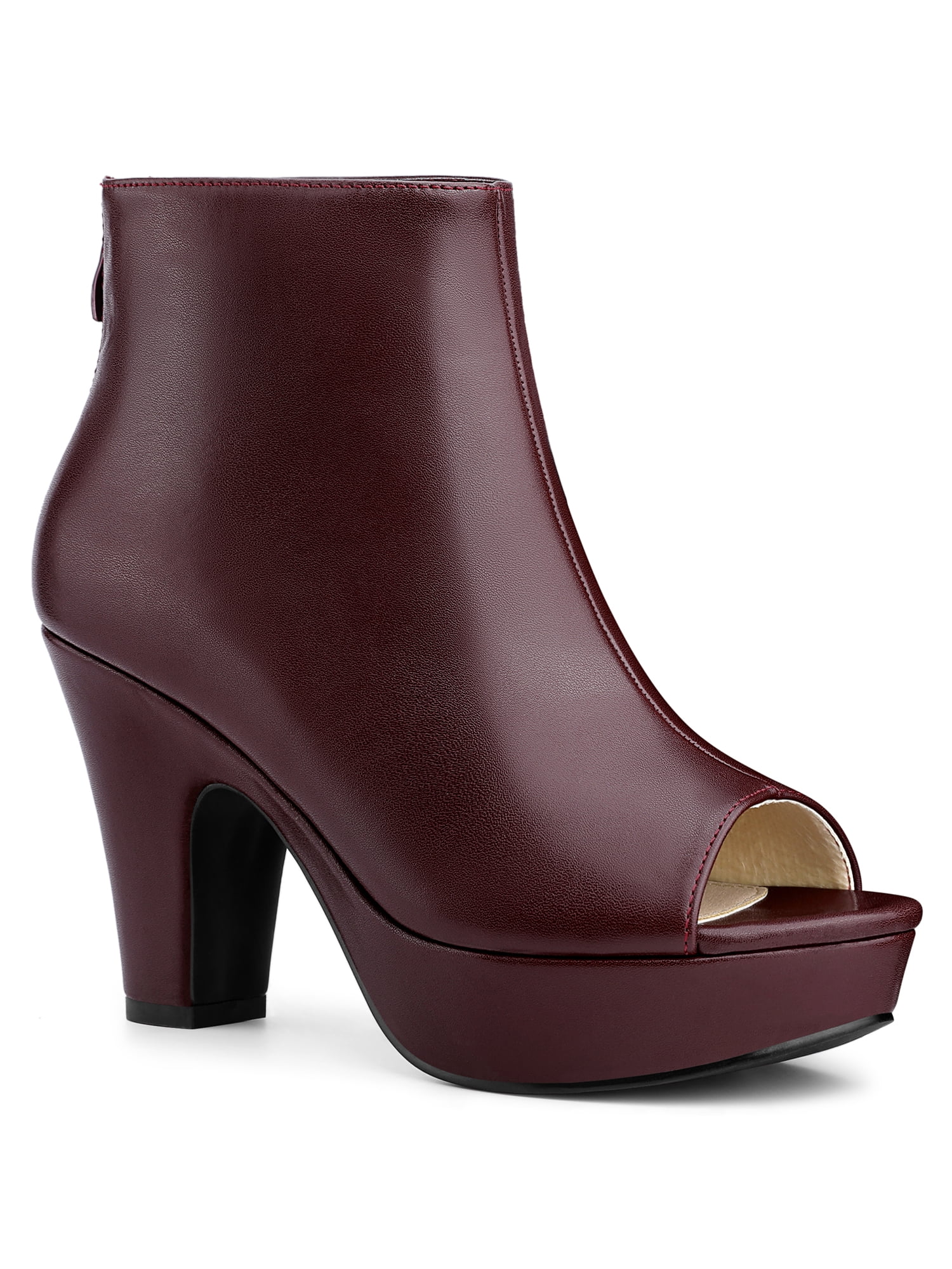 Blissful Step Women's Ankle Boots Faux Leather Peep Toe Platform Chunky Heel Back Zip Boots Burgundy