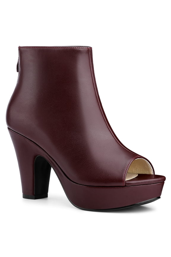 Women's Ankle Boots Faux Leather Peep Toe Platform Chunky Heel Back Zip Boots Burgundy 9