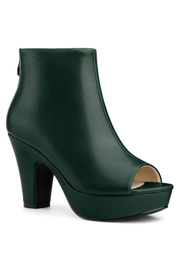 Women's Ankle Boots Faux Leather Peep Toe Platform Chunky Heel Back Zip Boots Dark Green 10