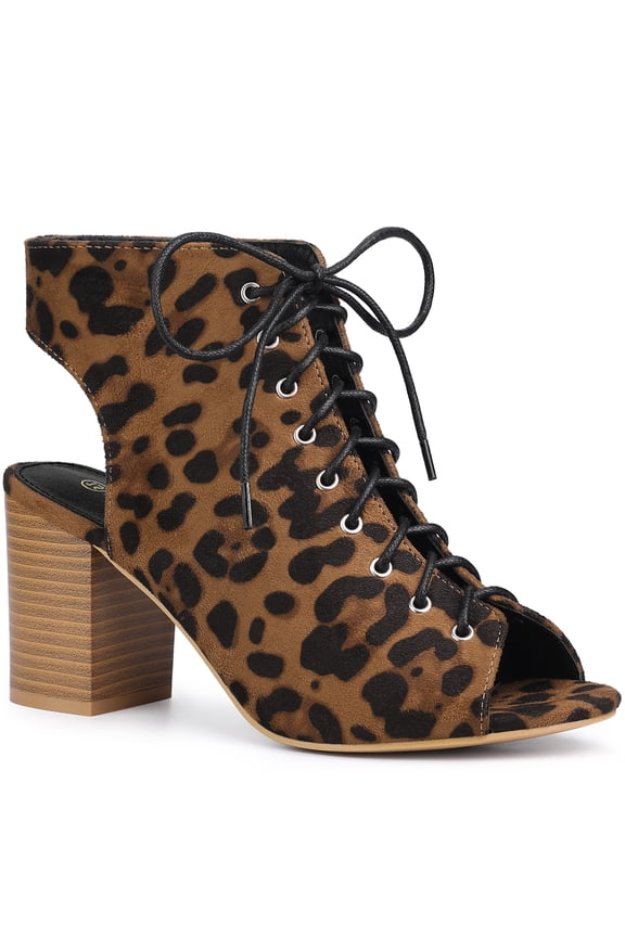 Women's Elegant Peep Toe Slingback Block Heel Ankle Boots Leopard 8