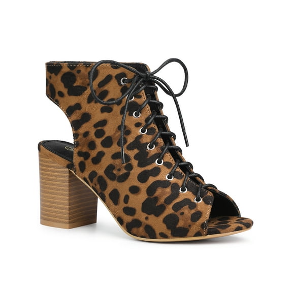 BLISSFUL STEP Women's Elegant Peep Toe Slingback Block Heel Ankle Boots Leopard 9