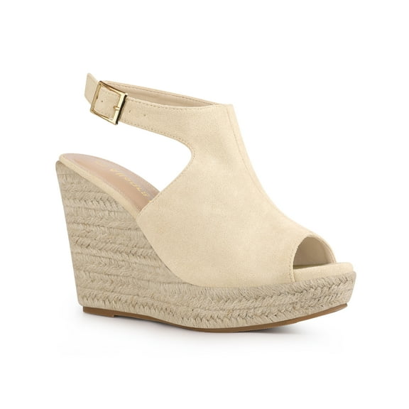 BLISSFUL STEP Women's Peep Toe Slingback Platform Wedge Heel Sandals Beige 7