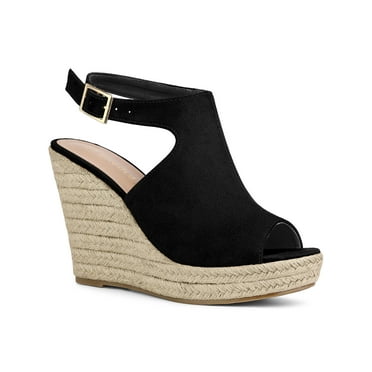 Allegra K Women's Peep Toe Slingback Platform Wedge Heel Sandals Black 5.5