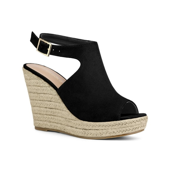 BLISSFUL STEP Women's Peep Toe Slingback Platform Wedge Heel Sandals Black 7