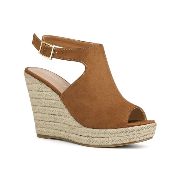 BLISSFUL STEP Women's Peep Toe Slingback Platform Wedge Heel Sandals Brown 5.5