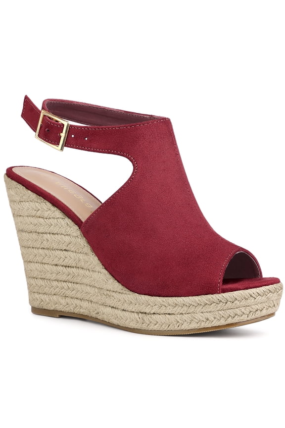 Women's Peep Toe Slingback Platform Wedge Heel Sandals Burgundy 6