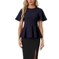 thumbnail image 1 of INSPIRE CHIC Women's Peplum Blouse Round Neck Bell Sleeve Belted Waist Office Blouse XL Dark Blue, 1 of 6