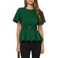thumbnail image 1 of INSPIRE CHIC Women's Peplum Blouse Round Neck Bell Sleeve Belted Waist Office Blouse XS Green, 1 of 6
