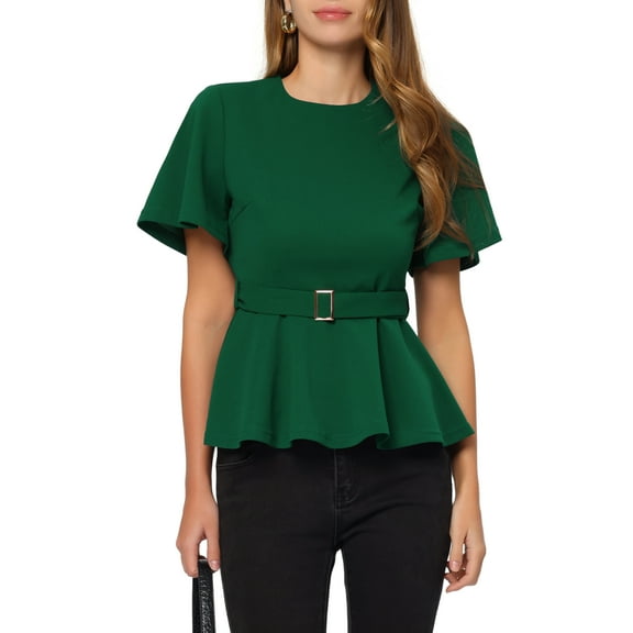 INSPIRE CHIC Women's Peplum Blouse Round Neck Bell Sleeve Belted Waist Office Blouse XS Green