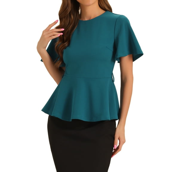 INSPIRE CHIC Women's Peplum Blouse Round Neck Bell Sleeve Belted Waist Office Blouse XS Peacock Blue