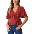 thumbnail image 1 of INSPIRE CHIC Women's Peplum Blouse Top Ruffle Sleeve Bow Tie Decor Deep V Neck Tops L Red, 1 of 6