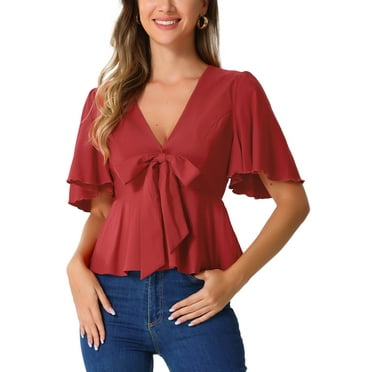 INSPIRE CHIC Women's Peplum Blouse Top Ruffle Sleeve Bow Tie Decor Deep V Neck Sexy Tops