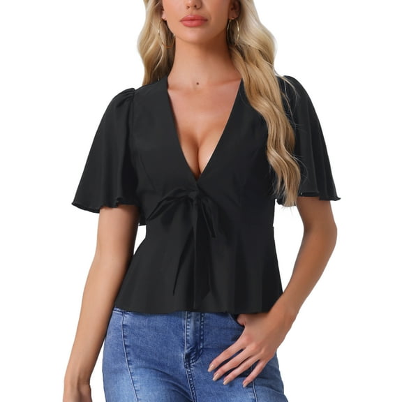 INSPIRE CHIC Women's Peplum Blouse Top Ruffle Sleeve Bow Tie Decor Deep V Neck Sexy Tops