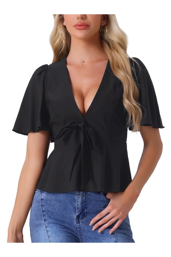 Women's Peplum Blouse Top Ruffle Sleeve Bow Tie Decor Deep V Neck Tops S Black
