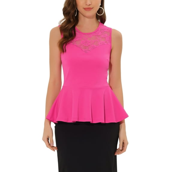 INSPIRE CHIC Women's Peplum Round Neck Lace Sheer Sleeveless Blouse L Hot Pink