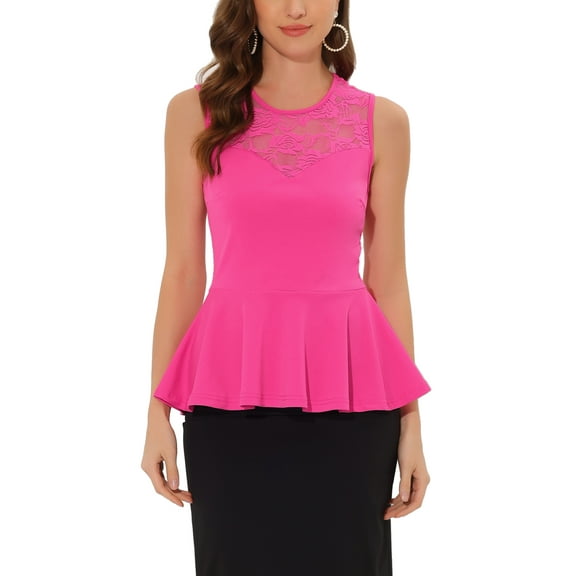 INSPIRE CHIC Women's Peplum Round Neck Lace Sheer Sleeveless Blouse M Hot Pink