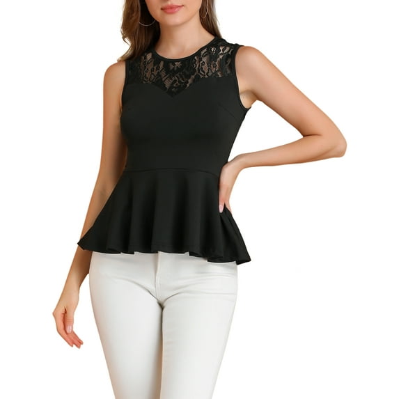 INSPIRE CHIC Women's Peplum Round Neck Lace Sheer Sleeveless Blouse XL Black