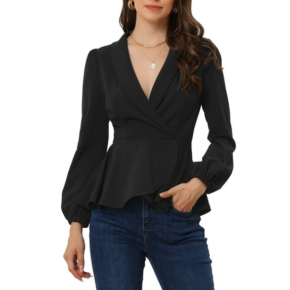 INSPIRE CHIC Women's Peplum Tops Long Lantern Sleeve Elegant Wrap V Neck Office Blouse S Black