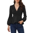 thumbnail image 1 of INSPIRE CHIC Women's Peplum Tops Long Lantern Sleeve Elegant Wrap V Neck Office Blouse XS Black, 1 of 6