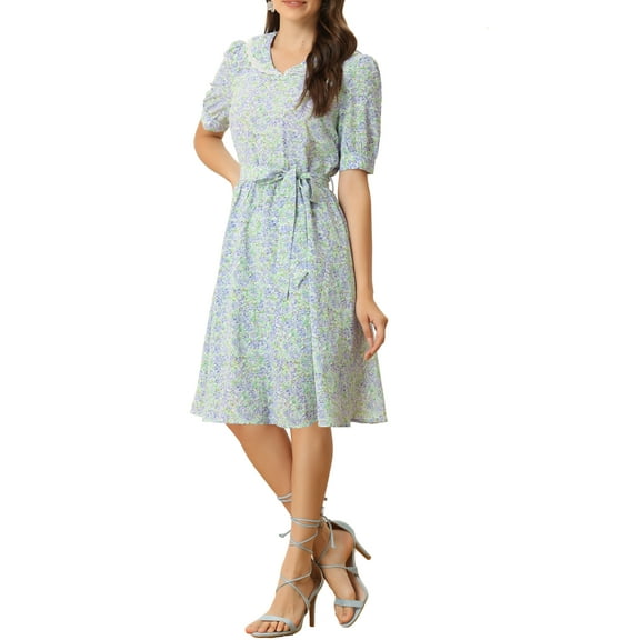 INSPIRE CHIC Women's Vintage Peter Pan Collar High Waist Flowy Midi Puff Sleeve Floral Dress S White Floral