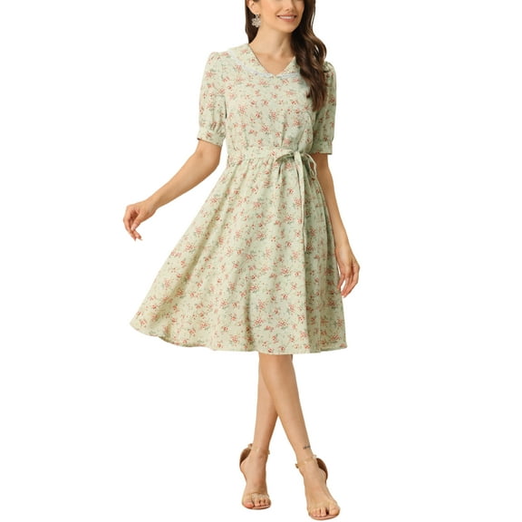 INSPIRE CHIC Women's Vintage Peter Pan Collar High Waist Flowy Midi Puff Sleeve Floral Dress XS Light Green