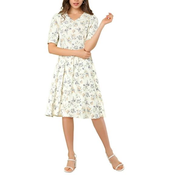 INSPIRE CHIC Women's Vintage Peter Pan Collar High Waist Flowy Midi Puff Sleeve Floral Dress XS White