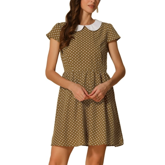 INSPIRE CHIC Women's Peter Pan Collar Above Knee Hidden Zipper Back a-Line Dress M Brown