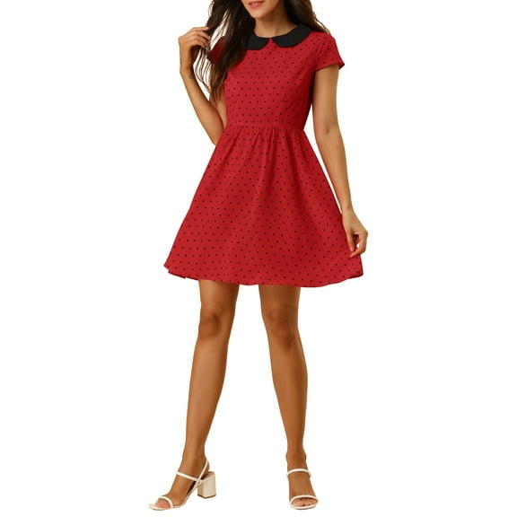 INSPIRE CHIC Women's  Peter Pan Collar Above Knee Hidden Zipper Back a-Line Dress S Red