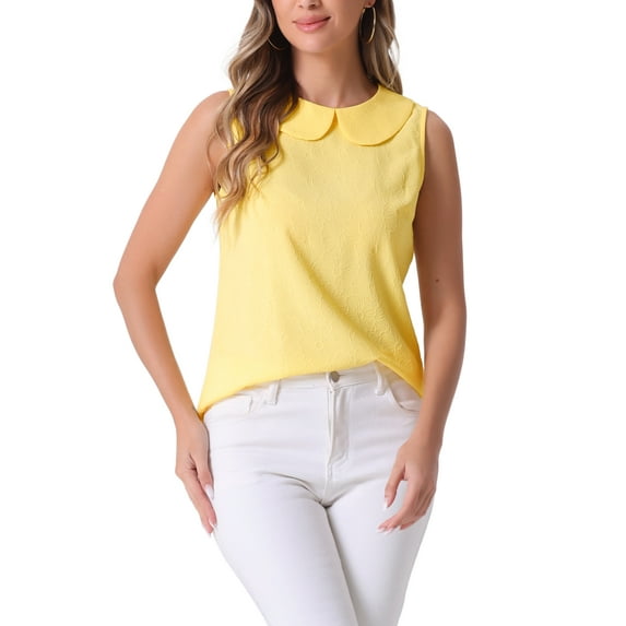 Allegra K Women's Peter Pan Collar Blouse Casual Sleeveless Jacquard Floral Tank Top L Yellow