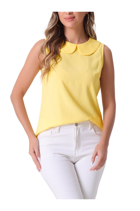 Allegra K Women's Peter Pan Collar Blouse Casual Sleeveless Jacquard Floral Tank Top M Yellow