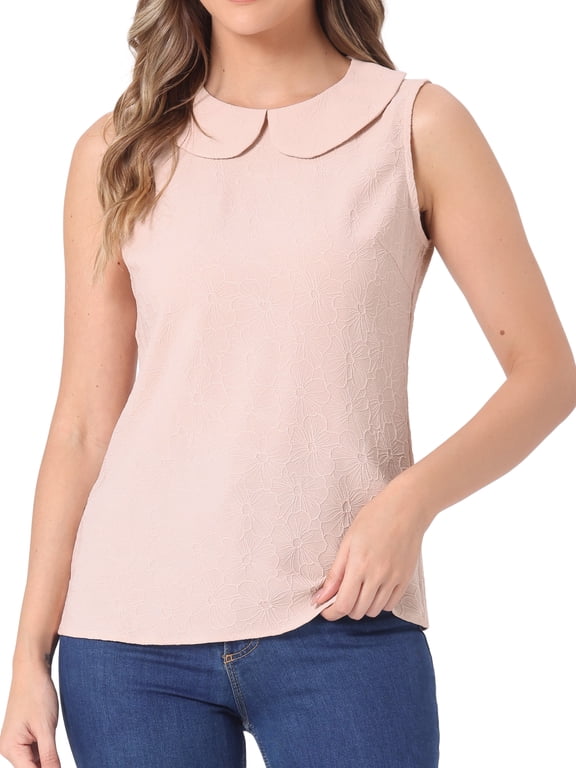 Women's Peter Pan Collar Blouse Casual Sleeveless Jacquard Floral Tank Top S Pink