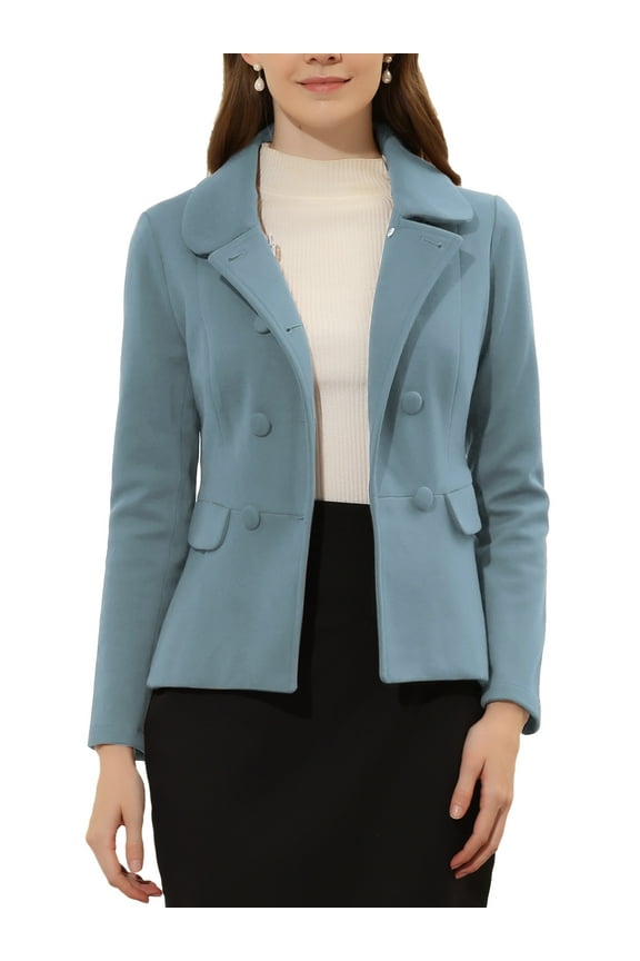 Women's Peter Pan Collar Button Decor Peplum Blazer S Grey Blue