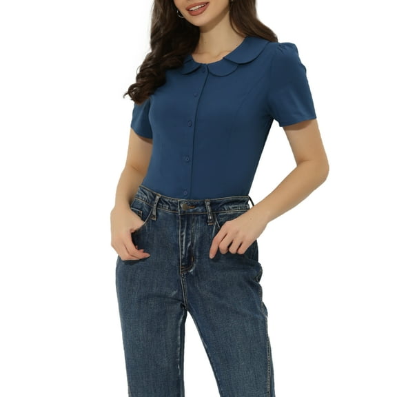 INSPIRE CHIC Women's Peter Pan Collar Career Button Down Shirt XS Dark Blue