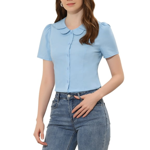 INSPIRE CHIC Women's Peter Pan Collar Career Button Down Shirt XS Light Blue