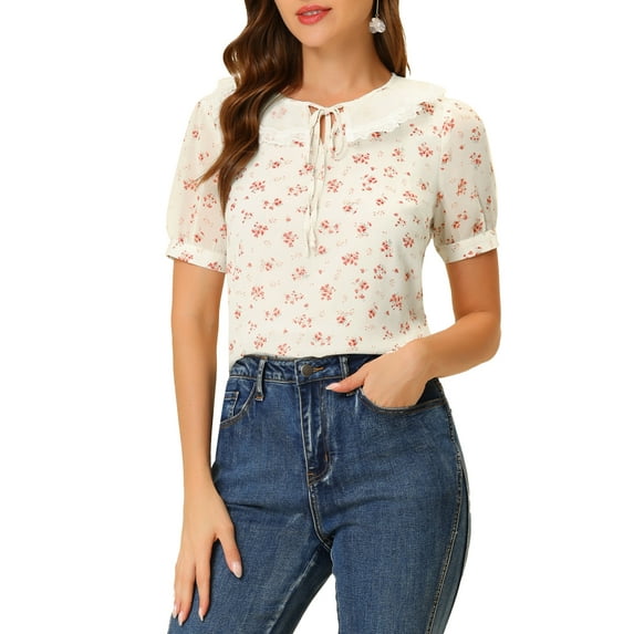 INSPIRE CHIC Women's Peter Pan Collar Chiffon Floral Top Puff Sleeve Blouse S White Red