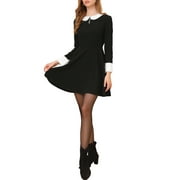 Allegra K Women's Peter Pan Collar Contrast Button Decor Long Sleeve Flare Dress