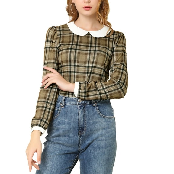 INSPIRE CHIC Women's Peter Pan Collar Contrast Long Sleeve Shirt M Brown