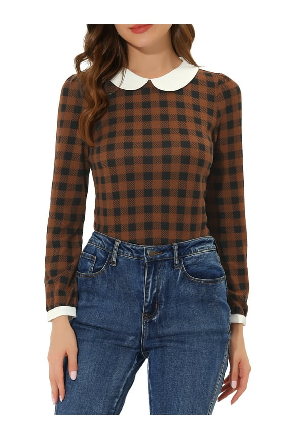 Women's Peter Pan Collar Contrast Long Sleeve Shirt M Browns