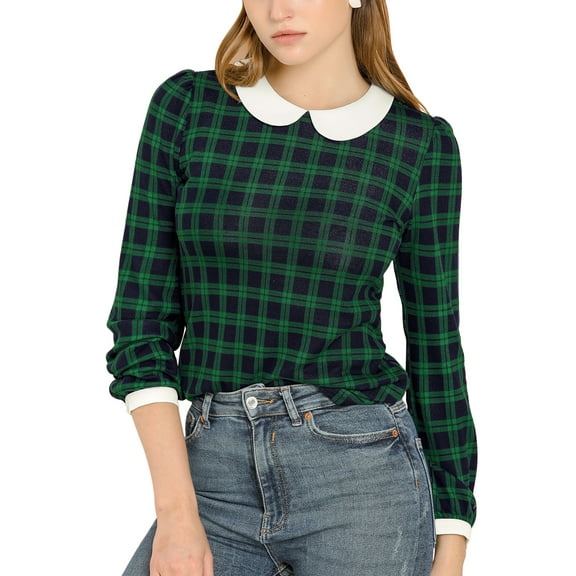 INSPIRE CHIC Women's Peter Pan Collar Contrast Long Sleeve Shirt M Green