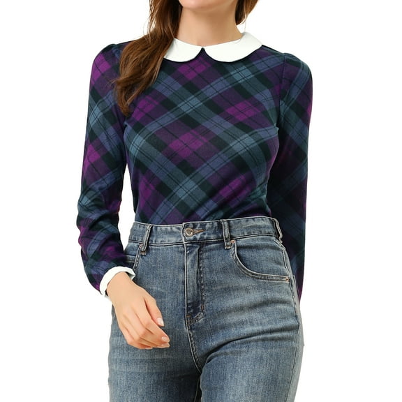 INSPIRE CHIC Women's  Peter Pan Collar Contrast Long Sleeve Shirt S Purple