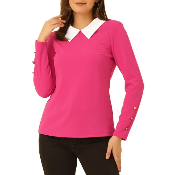 INSPIRE CHIC Christmas Peter Pan Collar Blouse for Women's Knit Contrast Neck Long Sleeve Party Top Shirt L Rose Pink